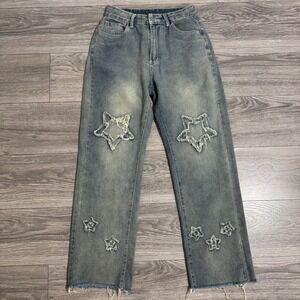 ROMWE Women's Blue Distressed Star Patch Wide Leg Skater Jeans Size M Frayed Y2K